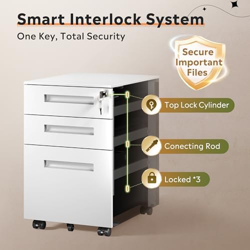 DEVAISE 3 Drawer File Cabinet with Lock, Fully Assembled Except Casters
