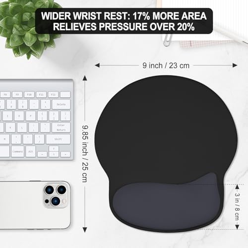 ITNRSIIET Ergonomic Mouse Pad with Wider Memory Foam Wrist Rest +17%, Curved Cushion Reduces Pressure 20%, Pain Relief, Non-Slip, Smooth, Cute Color Desk Accessory, 9.85 x 9 inch, Black Gray