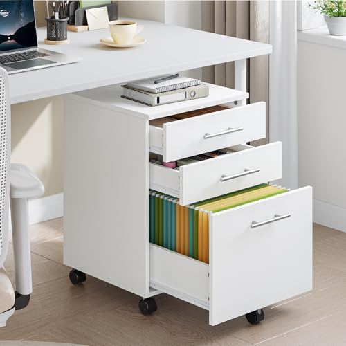 HOOBRO 3-Drawer File Cabinet, Wooden Under Desk Filing Cabinet, fits A4/Letter Size for Home Office, Small Rolling Storage Drawer Chest, Printer Stand with Drawers, White WW02WJ01G1