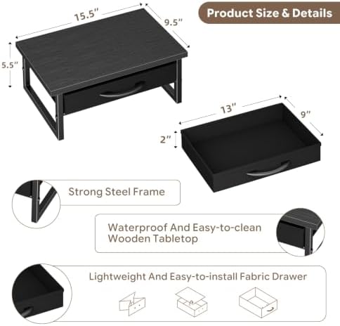 Ekisemio 2-Tier Monitor Stand with Fabric Drawer – Wood and Metal Computer Riser, Desk Organizer for Office, Black