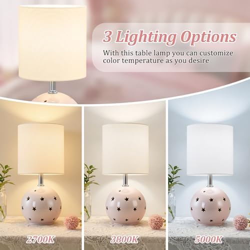 Small Table Lamp, 14" Pink Ceramic Bedside Lamp for Girls Kids Bedroom,Dorm