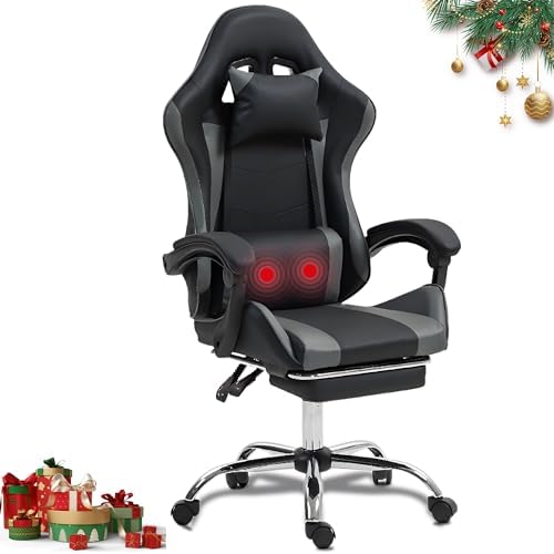 Ergonomic Gaming Chair with Massage Lumber, Grey Video Game Chair w/Footrest for Adults Kids, Adjustable Headrest & Lumbar Support, 360° Swivel for Home Office Bedroom Gaming Room