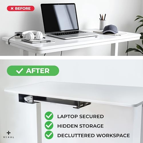 VI+AL Under Desk Laptop Mount - Hidden Metal Shelf with Side Storage - Installs with Tape & Screws - Fits Devices up to 1.7" Thick - Standard (No Hook or Cable Organizer)