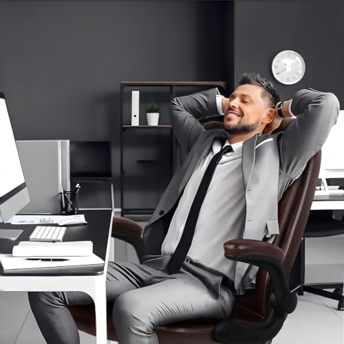 Ergonomic Office Chair with Flip-up Armrests, Big and Tall Leather Executive Office Chair, High Back Lumbar Support Home Computer Desk Chair, Heavy and Duty Computer Chair (Brown)