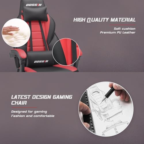 BOSSIN Racing Style Gaming Chair, Leather Computer Desk Chair with Footrest and Headrest, Ergonomic Heavy Duty Design, Large Size High-Back E-Sports, Big and Tall Gaming Chair
