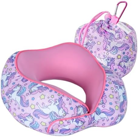 SKYTRAX® Certified Kids Safe Memory Foam Travel Neck Pillows for Kids and Toddlers, Cute Cartoon Design, Car Seat & Airplane Head Neck Support, Adjustable Snap Buttons, Washable Soft Cover (Unicorn)