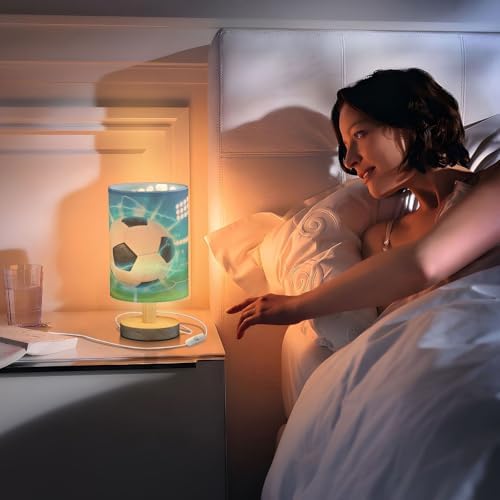 Bedside Lamp Soccer Ball on Field Table Lamp for Bedroom LED Nightstand Lamp Shade USB Ports Wood Base for Living Room Dorm Office