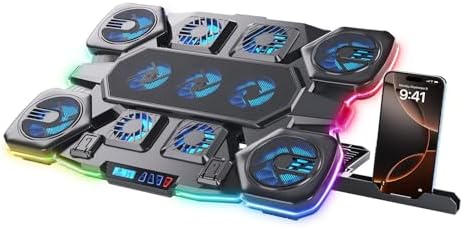 Gaming Laptop Cooling Pad - 11 High Speed Turbo Fans Ultra Quiet Laptop Cooler Stand with RGB Lights Digital Display Height Adjustable for 17 Inch Laptop