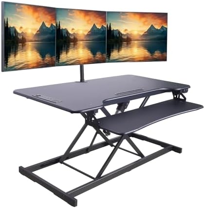 Rocelco 46" Electric Standing Desk Converter with AC Outlet USB Charger and Anti-Fatigue Floor Mat - Motorized Adjustable Sit Stand Riser - Tabletop Workstation Keyboard Tray - Black (R EDRB-46-MAFM)
