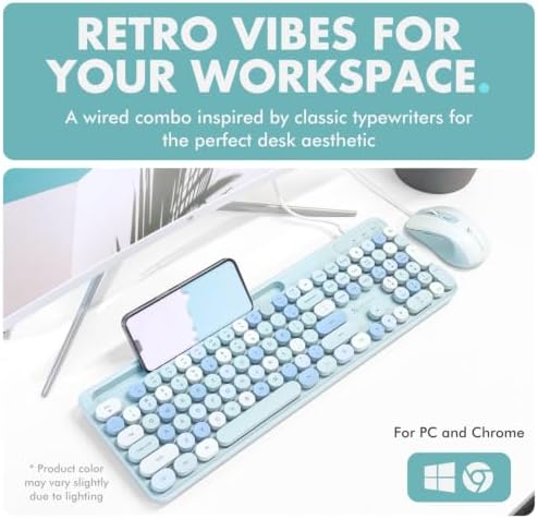 X9 Wired Keyboard and Mouse Combo with Backlight - Retro Typewriter Round Keycaps, Phone/Tablet Dock, 109 Fullsize Keys, Cute Colorful Blue Keyboard, Pastel Keyboard for Laptop, PC and Chromebook
