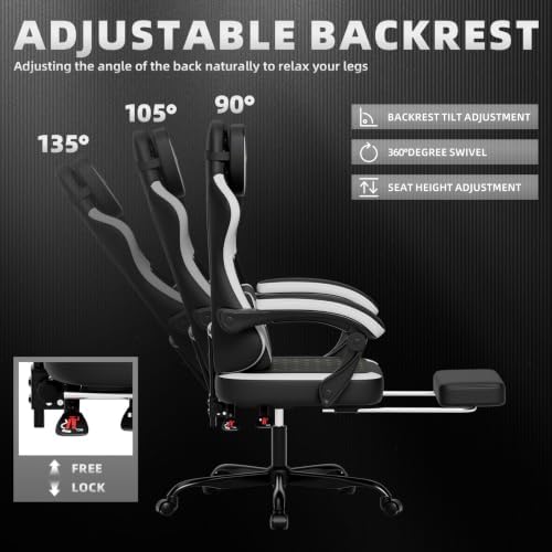 Ergonomic Gaming Chair with Footrest & Massage Lumbar Pillow, Height Adjustable 360° Swivel Computer Chair, Linked Armrest & Headrest for Office Gaming (Black White)