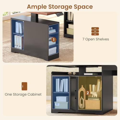 SEDETA Farmhouse L Shaped Standing Desk with Storage, Black+Brown