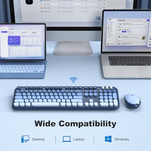 MOFII Wireless Keyboard and Mouse Combo, Full Size 2.4G Retro Round Computer Keyboard and Mouse Set, Plug and Play, for Windows, Computer, Desktop, PC, Notebook - (Sea Blue Gradient)