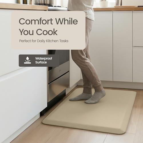 Anti Fatigue Kitchen Mats for Floor | Padded Kitchen Rugs | Non Slip, Cushioned Standing Desk Mat | Waterproof Floor Mat for Home and Office | 17.3" x 28" X 0.47", Beige, 1-Pack | More Décor