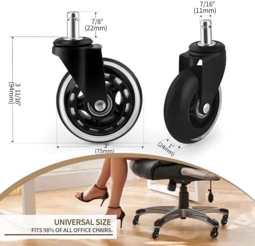 Office Chair Wheels,3 Inch Rubber Caster Wheels Replacement