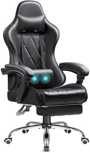 Shahoo Gaming Chair with Footrest and Massage Lumbar Support, Computer Game Chairs Ergonomic Office Seat Height Adjustable with Headrest, Black