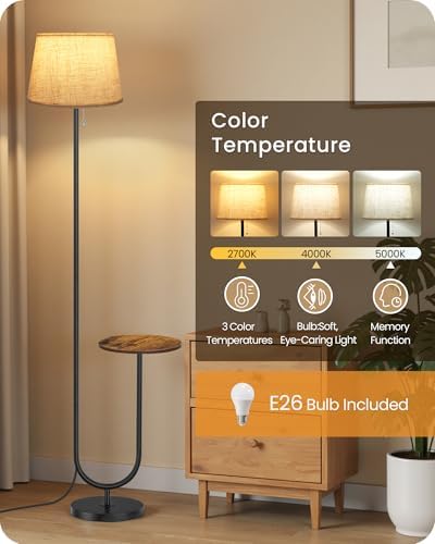 Floor Lamp with Side Table, Standing Lamp for Living Room with Tray, Pull-Chain Switch, for Living Room, Bedroom, 3 Color Temperatures, 9W LED Bulb Included, Rustic Brown and Beige FE21LD05