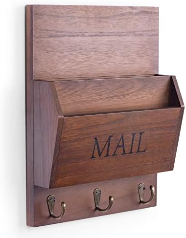 DLQuarts Solid Wood Mail Organizer with Key Holder for Wall, Mail Sorter Wall Mounted, Decorative Wooden Key and Mail Holder with 3 Hooks, Dark Brown