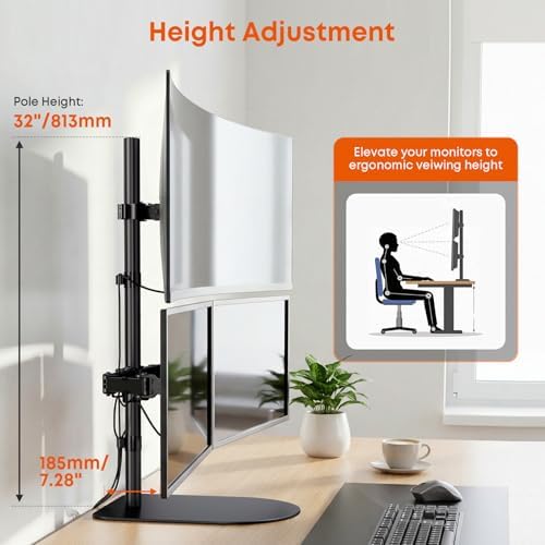 PUTORSEN Freestanding Triple Monitor Mount - Holds 49" Ultrawide Center & 32" Side Screens, 44 lbs Capacity, Extra Tall Pole, VESA 75/100