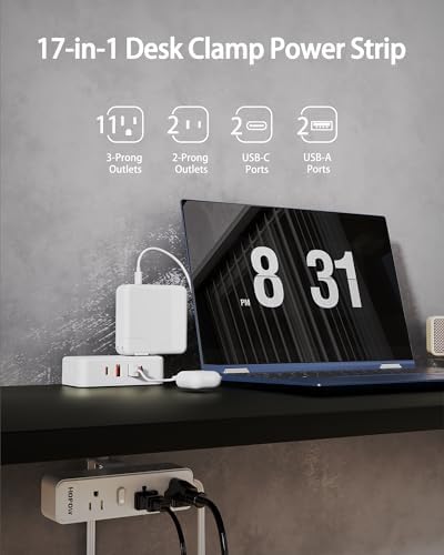 HOPOW Dual Layer Desk Clamp Power Strip, 13 Outlets 4 USB, 10FT Cord, White