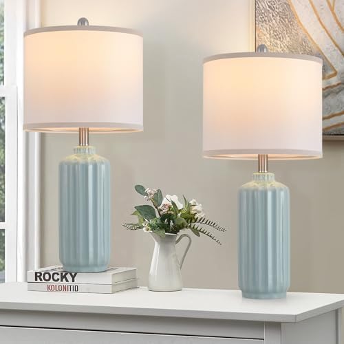 Lamp for Living Room Bedroom Lamps Farmhouse Table Lamps Set of 2 Vertical Stripe Ceramic Table Lamp,Linen Shade with Bulb, 25 in High,Seafoam,Blue