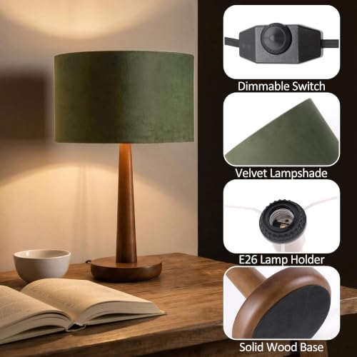 18.5" Modern Dimmable Walnut Wood Table Lamp with Velvet Shade, Green