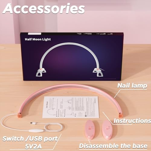 Half Moon Light for Nail Desk, Moon Light Nail Tech, 20 inch Moon Lamp for Nails 3 Color Temperature for Table for Nails/Photograph/Crafts Lighting(Medium Pink)
