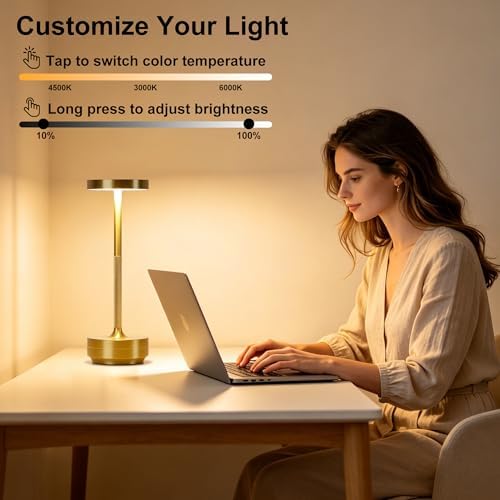Cordless Table Lamp Rechargeable, 72h Battery Powered Table Light, 2 Gold