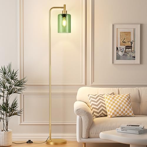 Ziisee Floor Lamps for Living Room - Industrial Standing Lamp with Green Glass Shade, Modern Gold Floor Lamp with LED Bulbs, Farmhouse Floor Lamp for Bedroom, Tall Lamp for Office