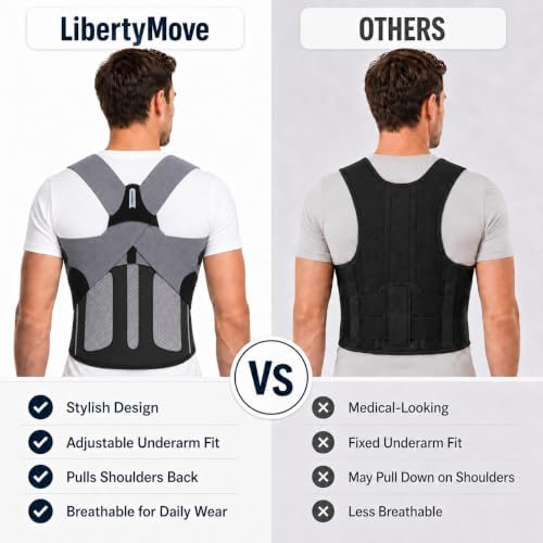 Posture Corrector for Men, Adjustable Upper Back Brace with Breathable Mesh Back, 4 Flexible Support Stays & Underarm Fit Adjustment, Back Straightener Helps Reduce Slouching Strain for Desk Work, Sitting, Reading & Posture Training