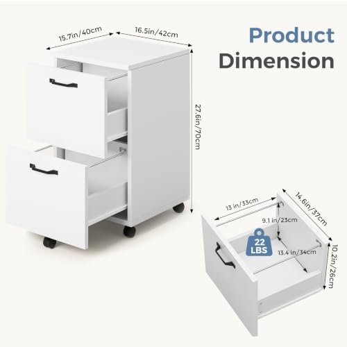 DUMOS 2 Drawer Rolling File Cabinet, Small Wood Filing Cabinet, White