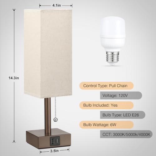 Brown Bedside Table Lamp for Bedroom - Desk Lamp For Nightstand, USB C+A
