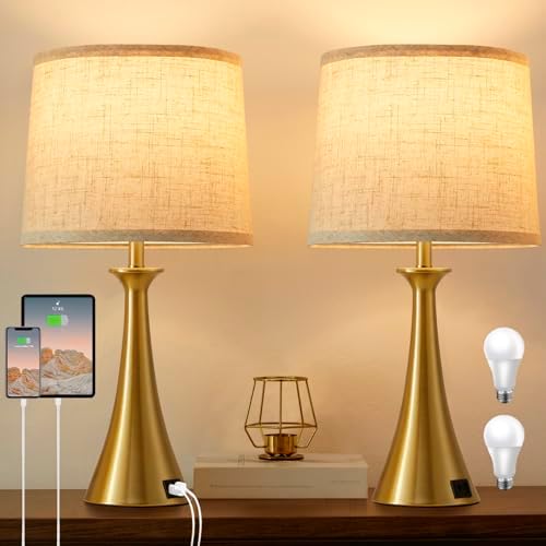 Touch Table Lamps Set of 2, 21" Bedside Lamps with USB C+A, Gold