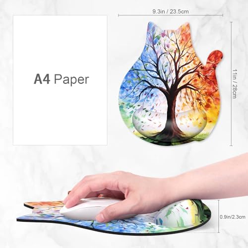 Ergonomic Mouse Pad with Wrist Rest, Cute Cat Memory Foam Padded Pain Relief Non-slip Wrist Support Mouse Mat for Gaming Work Computer Laptop, Funny Office Supplies Desk Accessory, Tree of Life