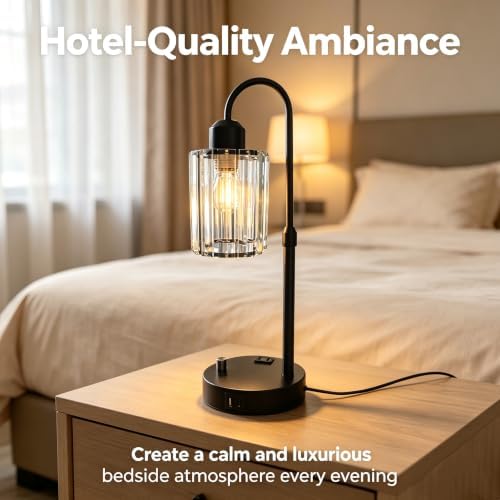 Black Crystal Table Lamp, Adjustable Height Stepless Dimmable Desk Lamp with USB Charging Port & AC Power Outlet, Metal Base Bedside Lamp for Bedroom Office Living Room