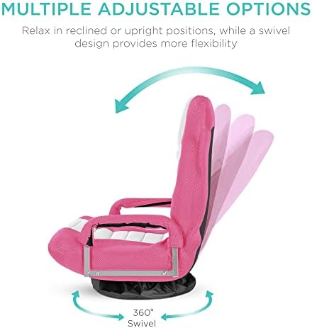 Best Choice Products Swivel Gaming Chair 360 Degree Multipurpose Floor Chair Rocker for TV, Reading, Playing Video Games w/Lumbar Support, Armrest Handles, Adjustable Foldable Backrest - Pink/White