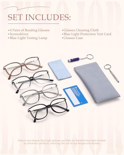 4 Pack Reading Glasses for Women Blue Light Blocking, Fashion Bling Readers with UV400 Protection & Portable Cases