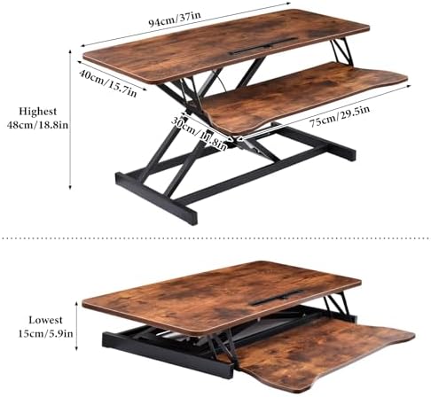 Standing Desk Converter 37 Inch – Height Adjustable Desk Riser with GasSpring Lift, Duals Screen Converter and Laptop Workstation, Sit Stand Ergonomic Riser with Wide Keyboard Tray for Offices (Brown)