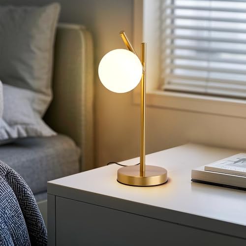 Gold Table Lamp, White Glass Globe lamp Mid Century Modern Bedside lamp Soft Glow Bedside Nightstand Light for Bedroom Living Room Study Office