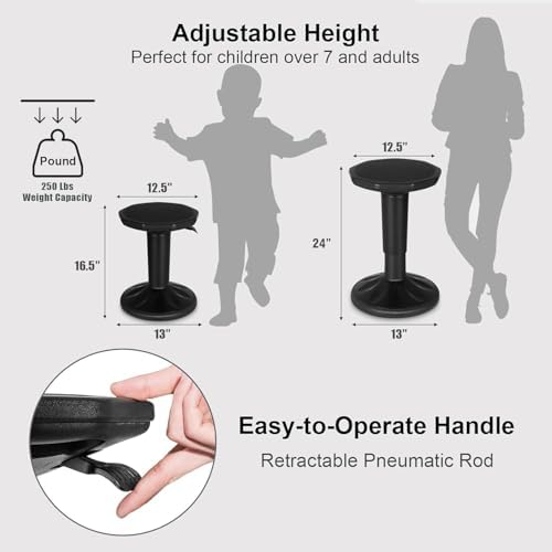 GLACER Wobble Stool, Height Adjustable 16.5-24" Flexible Seating (Black)