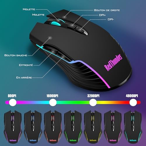 RedThunder K10 Wireless Gaming Keyboard and Mouse Combo, RGB Backlight Rechargeable 3800mAh Battery, 26-Key Anti-ghosting Keyboard + 7D 3200DPI Mice for PC Gamer