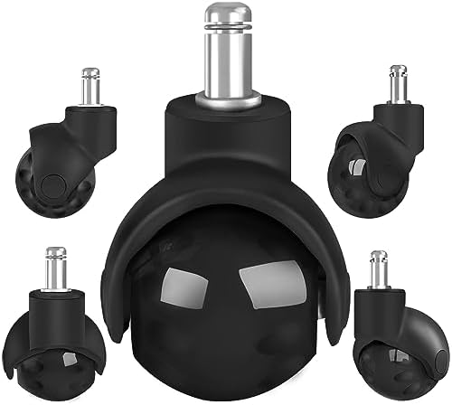 Office Chair Wheels Replacement 2 Inch Rubber Ball Caster Wheels for Wood Floor Carpet Mats, Set of 5, Heavy Duty Desk & Gaming Chair Casters 7/16" (11mm) Grip Ring Stem, Quiet Smooth Rolling (Black)