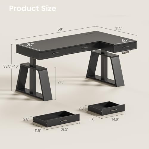 SEDETA 59 Inch L Shaped Electric Standing Desk with Drawers, Executive Adjustable Desk with Power Outlets, Monitor Stand, Sit Stand Computer Table for Home Office, Black