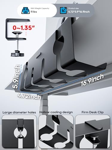 NODOCA No Drill Under Desk Cable Management Tray, 17'' Wire Management, Punch-Free Clamp on, Metal Cable Tray, Wire Organizer Under Desk, Under Desk Basket for Office and Home, Black(2 Packs)
