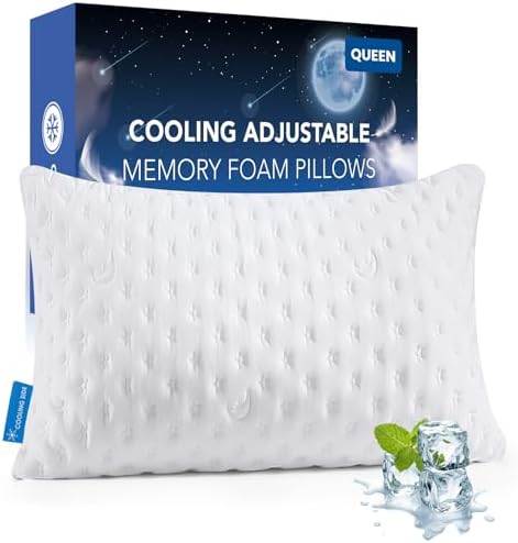 KUCEY Cooling Side Sleeper Pillow for Neck and Shoulder Pain, Luxury Shredded Memory Foam Curved Bed Pillows for Sleeping Set of 1- Adjustable Queen Size- Washable Cover Original White
