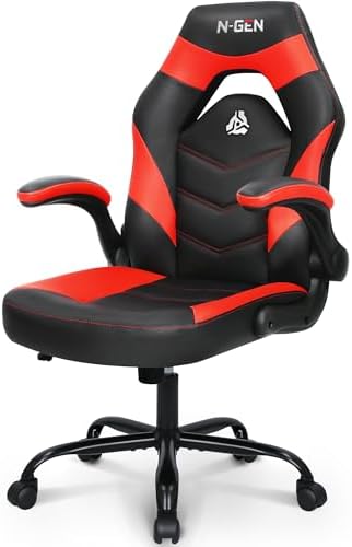 N-GEN GAMING Video Gaming Chair Ergonomic Office Desk Chair with Lumbar Support Adjustable Height Padded Flip Up Arms and Swivel Wheels Racing Style Design for Adults with PU Leather (Red)