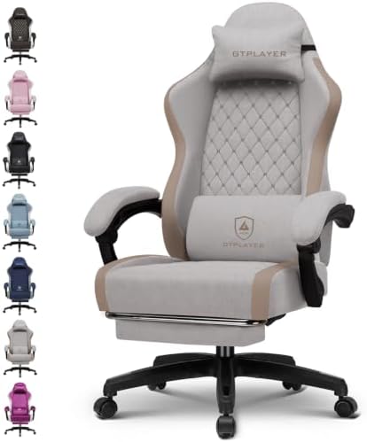 GTPLAYER Gaming Chair Fabric with Pocket Spring Cushion, Big and Tall Gamings Chairs 350LBS High Back Computer Chair with Footrest for Adults Lumbar Support Swivel Game Chair for Office Light Brown