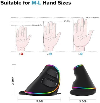 DELUX Ergonomic Vertical Mouse, Wired Ergo Mouse for Large Hands, 6 Programmable Buttons, Up to 12800 DPI, Removable Wrist Rest, Vibrant RGB Backlit, for Windows 7/8/10/XP/Vista (M618Plus RGB-Wired)