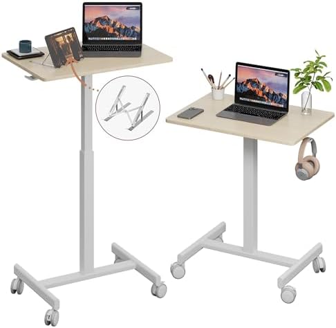 Mobile Desk on Wheels, Pneumatic Height Adjustable, Maple+White