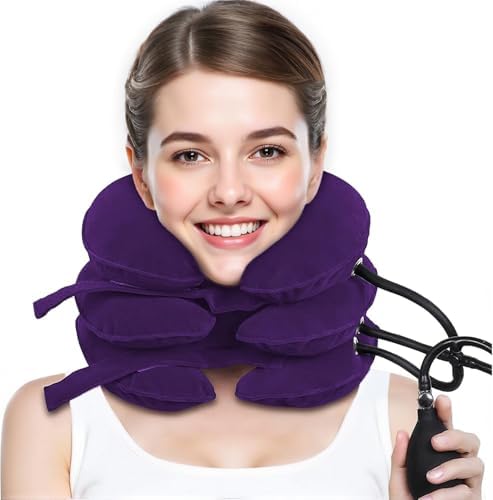 Neck Stretcher, Cervical Traction Device, Neck Traction Device, Cervical Neck Traction Device for Neck Pain Relief, Adjustable Inflatable Neck Brace, Neck Decompression Home Use (Dark Purple)